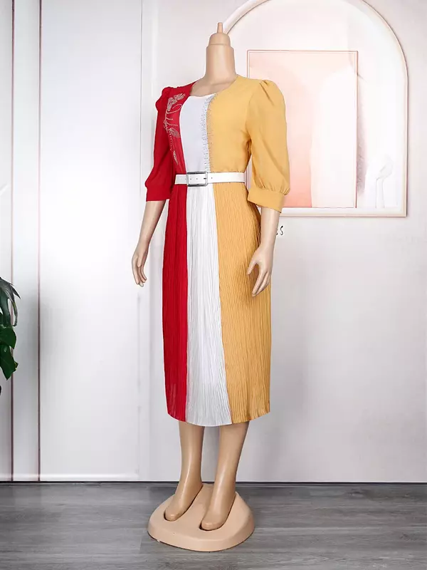 Europa und die Vereinigten Staaten neue Rundhals ausschnitt Plissee Farbe Patchwork Kleid Afrika Plus-Size Damen bekleidung #