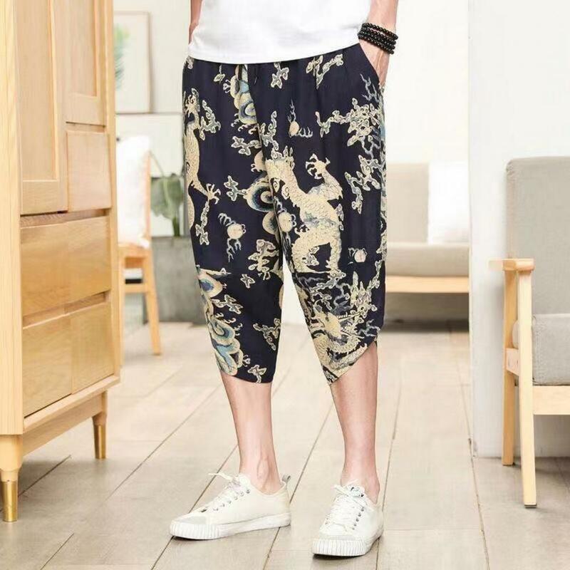 Loose Chinese Style Pants Chinese Style Retro Print Men's Cropped Trousers with Side Pockets Elastic Waist Drawstring for Daily