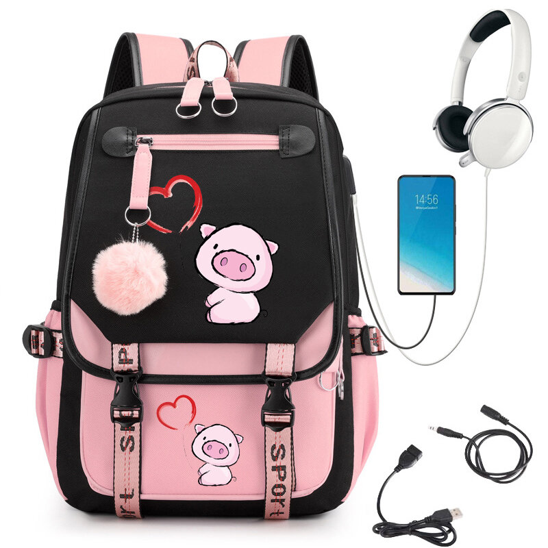 Heart Pig Print School Backpack Cartoon Teenager School Bag Student Teens Bookbag Laptop Mochila Travel Backpack Kawaii Bagpack