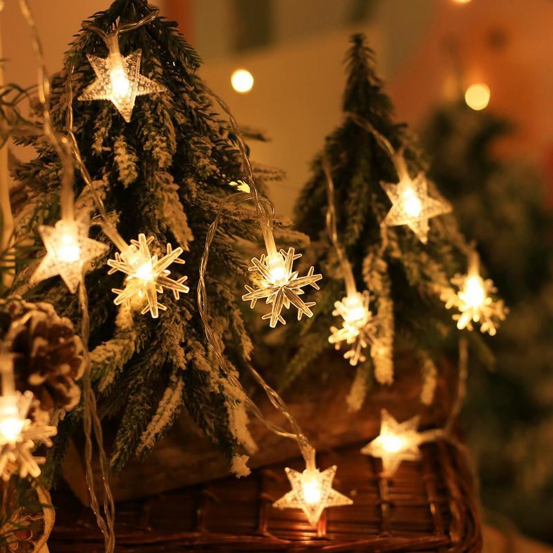 Cadena de luces LED de estrella de Navidad, 20 LED, Estrella y copo de nieve, luces de ventana blancas cálidas impermeables, luces de hadas de vacaciones para 9,84 pies