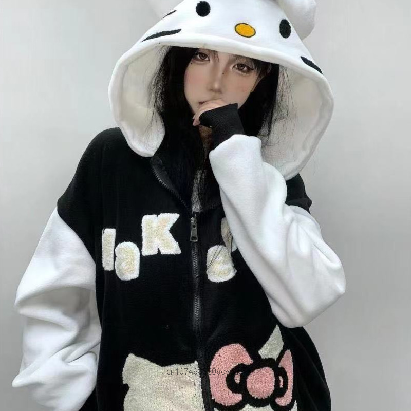 Sanrio Hello Kitty kardigan imut wanita, pakaian kardigan bertudung Y2k dipertebal baru musim gugur dan dingin