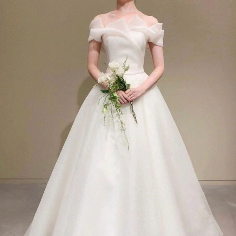 Gaun pernikahan Korea bahu terbuka sederhana gaun panjang baru gaun pernikahan renda tanpa lengan untuk wanita dibuat sesuai pesanan ukuran Plus