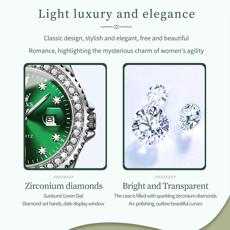 OLEVS jam tangan QUARTZ berlian wanita, jam tangan wanita kalender menyala antiair kulit hijau modis mewah
