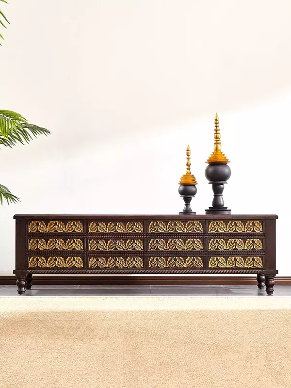 Southeast Asian style solid wood living room TV cabinet Thai style home stay furniture light luxury floor cabinet locker