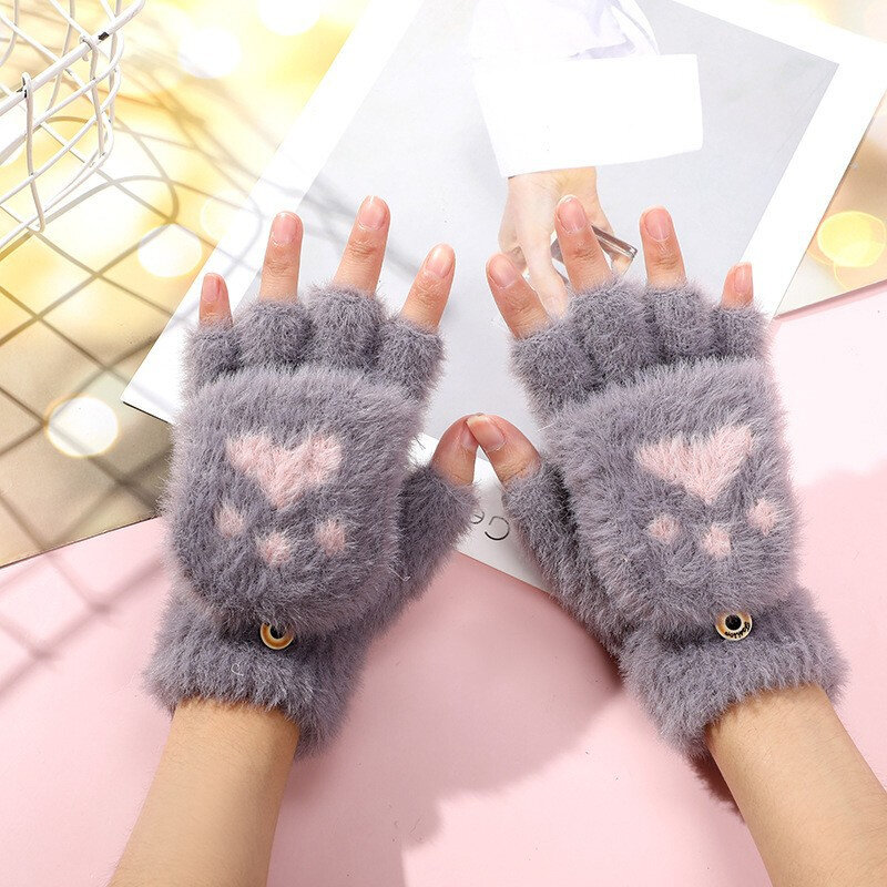 Cute Cat Claws Bear Paw Women Girls Lovely Warm Fingerless Gloves Winterproof Thicken Fluffy Half Finger Mittens Christmas Gift
