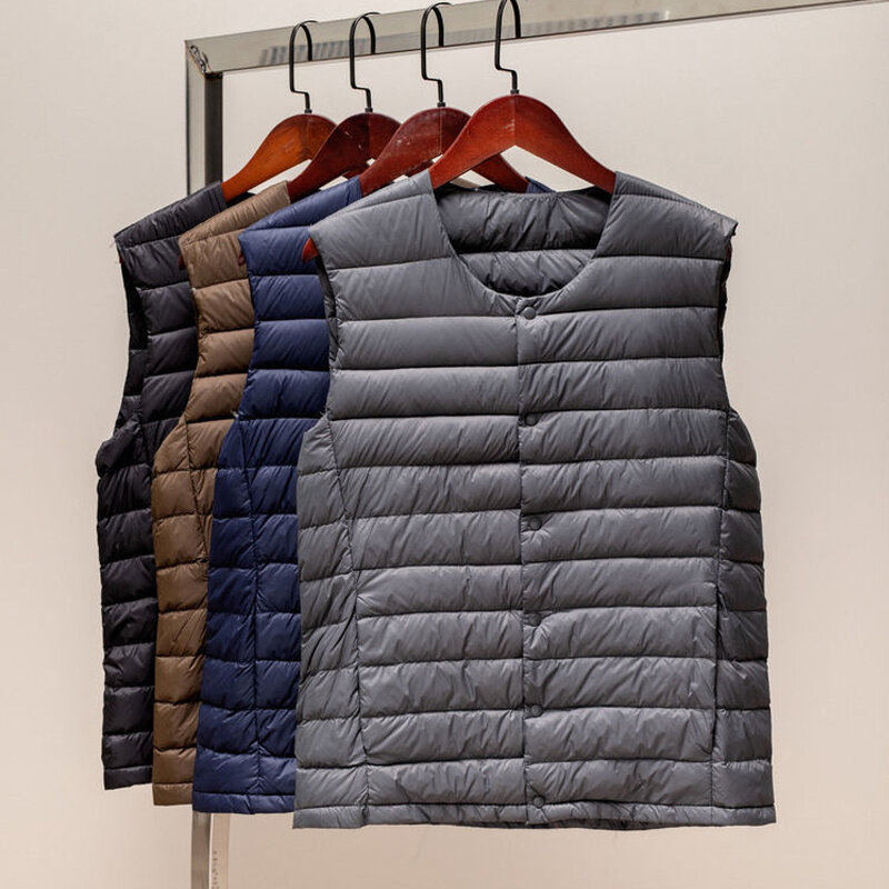 남성용 오리 다운 재킷, 민소매 퍼퍼 깃털 코트, 휴대용 야외 여행 방풍 조끼, 2023 가을 겨울 신상