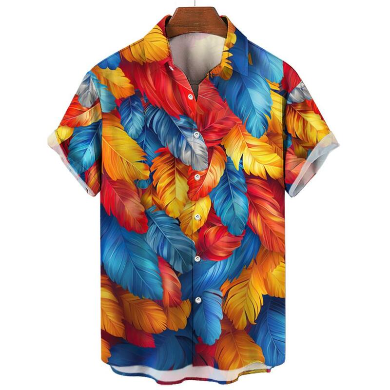 Camisas hawaianas con estampado de plumas para hombre, ropa informal de manga corta con solapa, suelta, Aloha, Verano