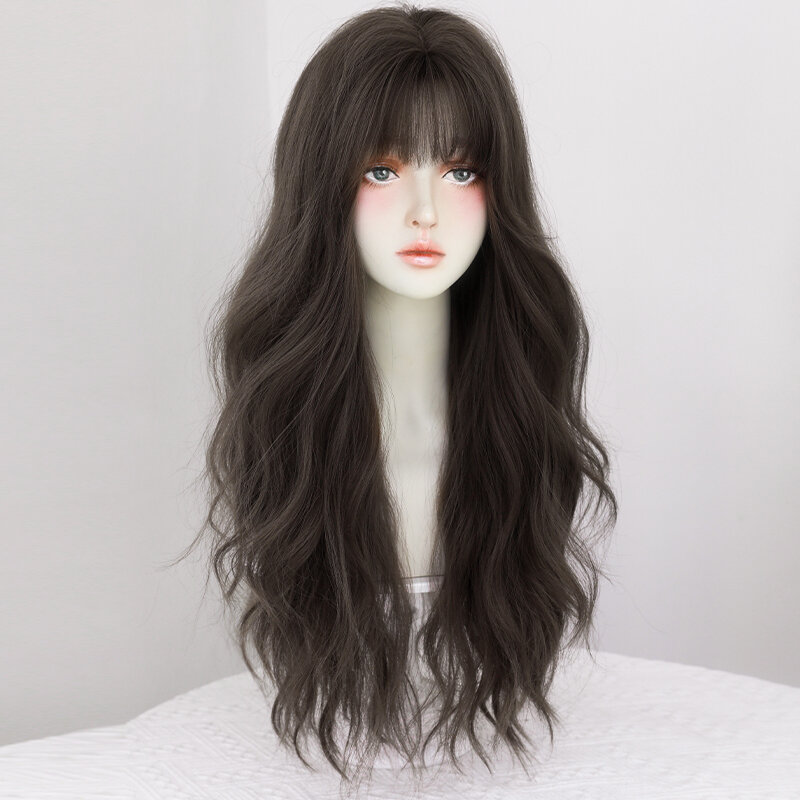 7JHH WIGS Heat Resistant Body Wave Black Tea Wig for Women Daily Use High Density Synthetic Wavy Hair Wigs with Neat Bangs