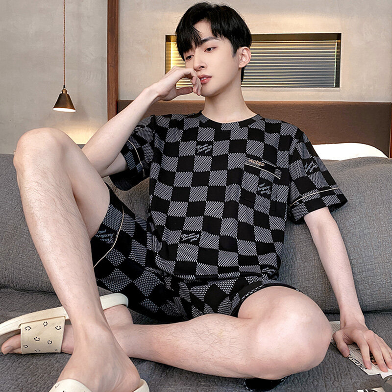Sommer Herren Plus Size Lounge Wear Mode Baumwolle Pyjama Kurzarm Pj Set gedruckt stilvolle Plaid Homewear 3xl 4xl Nachtwäsche