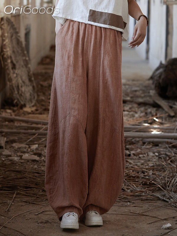 OriGoods-pantalones holgados para mujer, pantalón de lino y algodón, tejido fino, estilo japonés Zen, Tai chi, B209, novedad de verano, 2024