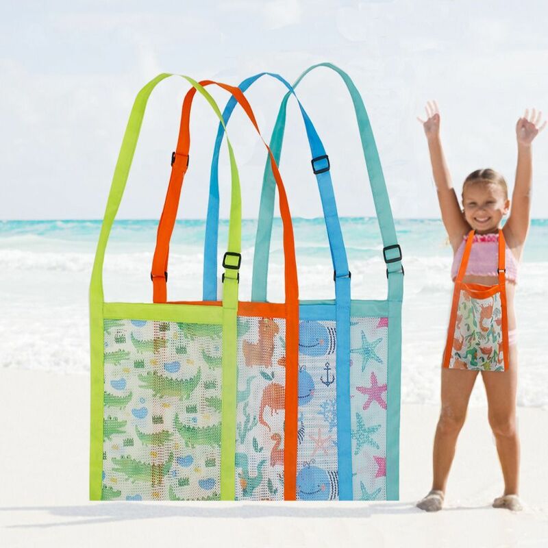 Bolsa de malla con patrón de dibujos animados para niñas, bolsa de red de mensajero de juguete de arena Multicolor creativa, bolsillo de concha marina de playa de viaje lindo