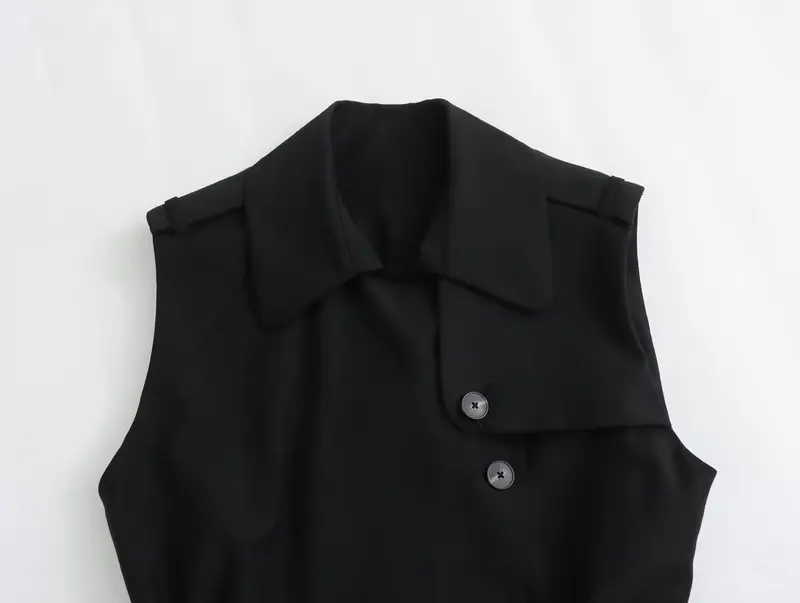 Macacão vintage sem mangas de botão para cima feminino com cinto, lapela solta, estilo longo casual, nova moda, preto