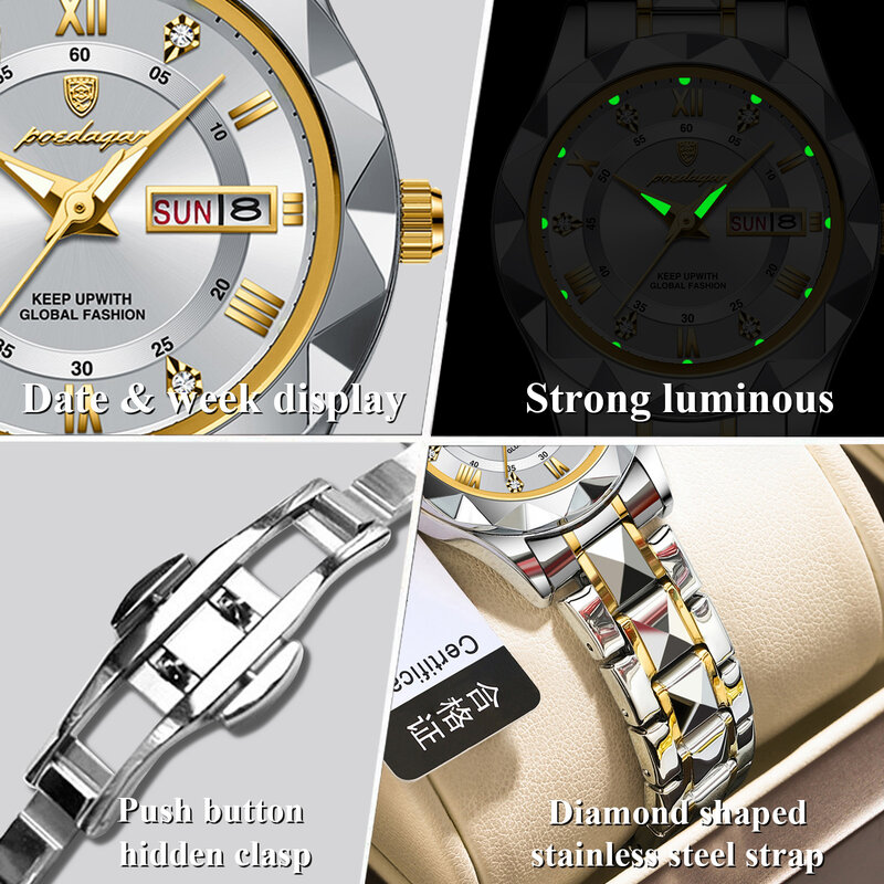 Podedagar-高級クォーツ時計,女性用,耐水性,発光,週,ステンレス鋼,エレガントなドレスの腕時計,ボックス付き