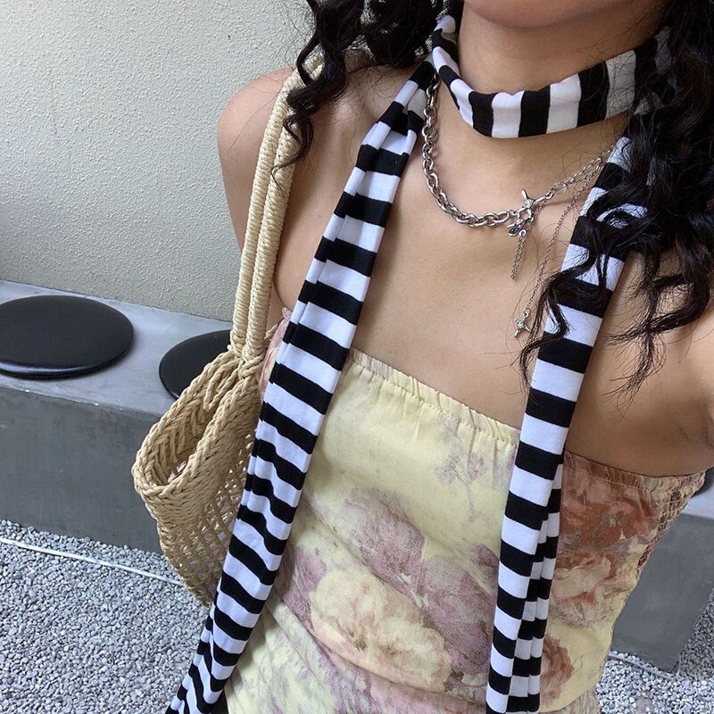 Wanita Goth Harajuku keren Scarve Y2K gaya gadis bergaris syal rajut panjang Fashion Unisex Jalan kasual syal aksesoris
