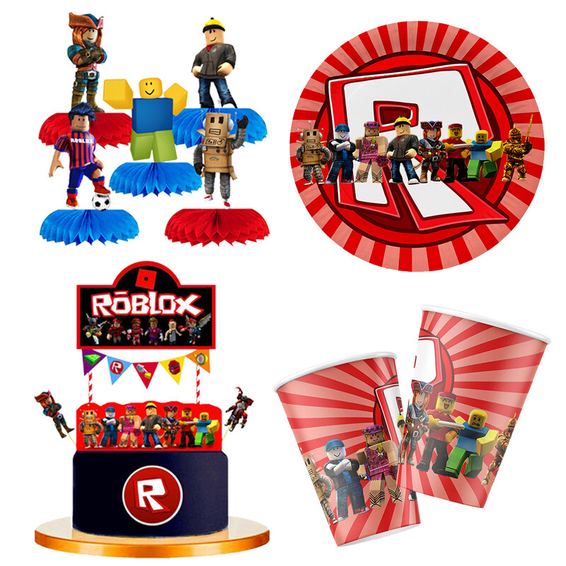 Roblox z motywem urodzinowym dekoracja papierowy kubek i talerz dla zabawka dla dzieci pakowanie prezentów transparent o strukturze plastra miodu akcesoria do naklejek na tatuaż
