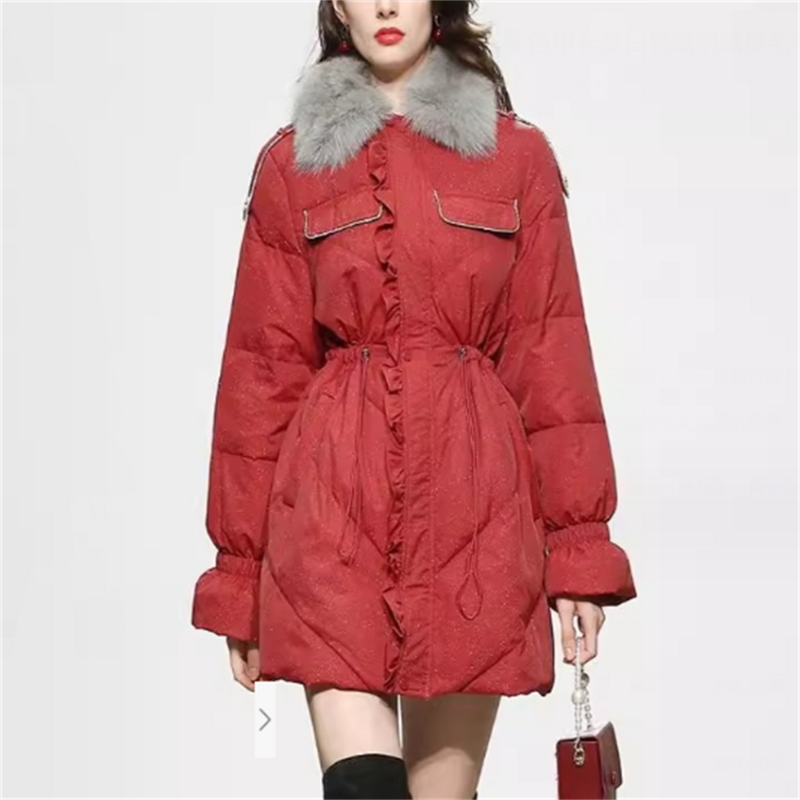 Jaket bulu angsa untuk wanita, jaket kerah bulu tebal warna merah putih modis untuk musim dingin