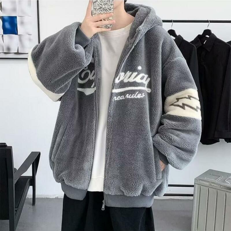 Men Thermal Hooded Coat Men Coat Stylish Men's Winter Coat Warm Hooded Cardigan with Letter Print Thick Fabric Multiple for Cold