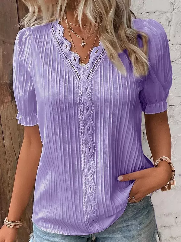 2024 Summer New Women's Blouse Top Solid Sexy V-Neck Hollow Short Sleeve Fashion Splice Plus Size Loose Street Apparel Shirt