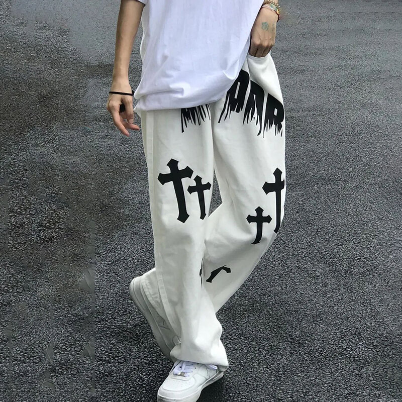 Estilo americano lavado calças de brim dos homens na moda calças retas branco solto calças casuais rua skate hiphop calças neutras