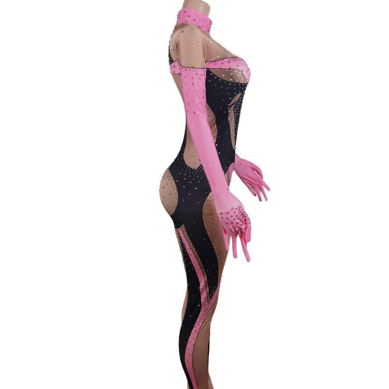 Jumpsuit batu spandeks merah muda dengan sarung tangan Bodysuit wanita penampilan penyanyi ulang tahun merayakan pakaian legging Fenmo