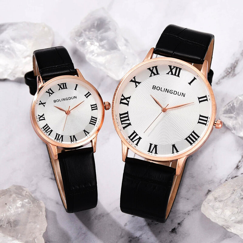 Relógio de pulso minimalista feminino e masculino, relógio de casal com números romanos, com pulseira de couro