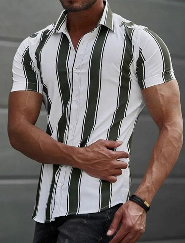 Koszula męska Koszula zapinana na guziki Koszula codzienna Letnia koszula plażowa Z krótkim rękawem W paski Odzież z 100% poliestru Wygodna