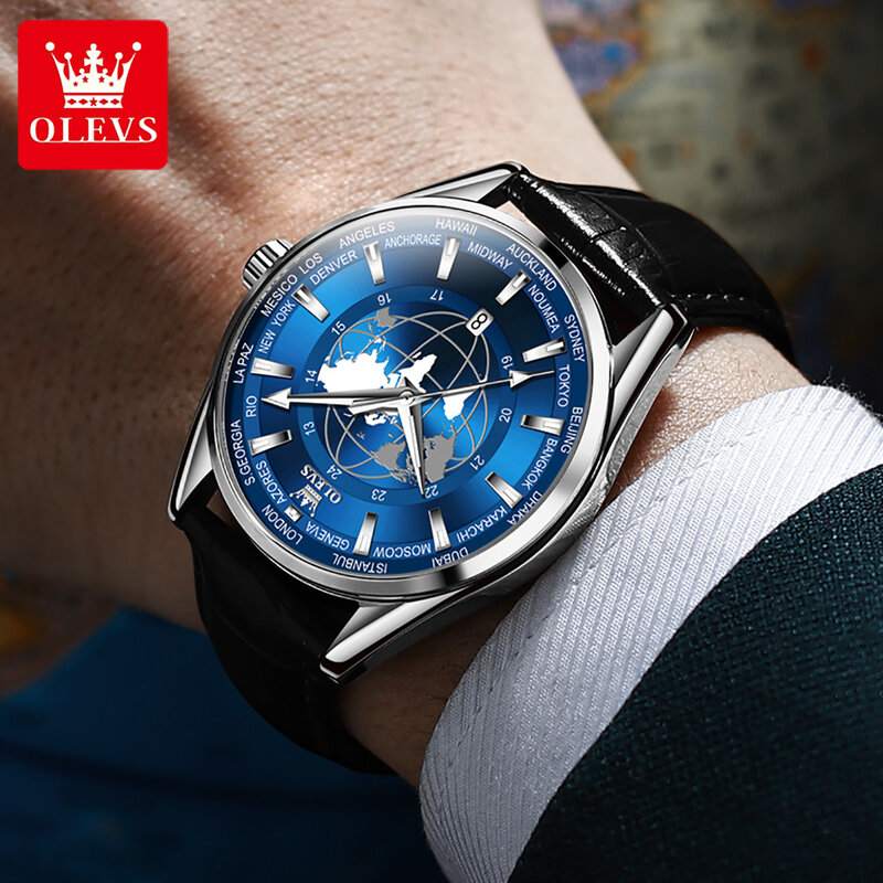 OLEVS 남성용 블루 글로브 다이얼 쿼츠 시계, 최고 브랜드 럭셔리 남성 시계, 방수 야광 달력 손목시계, 신제품