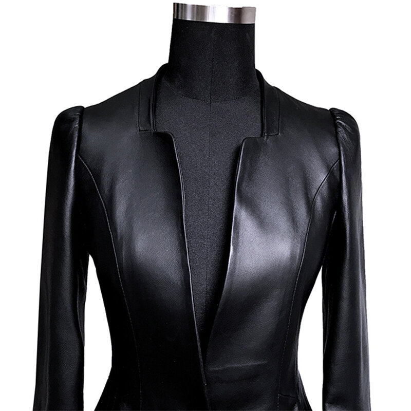 Jaket kulit Pu hitam ramping lembut wanita, Blazer rok mewah elegan lengan Puff panjang leher V dalam musim gugur