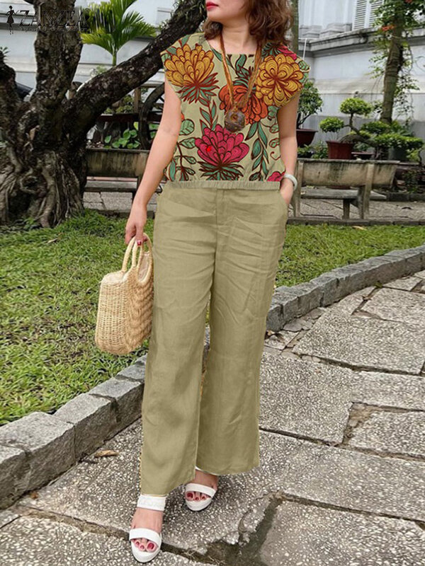 ZANZEA 2024 Summer Holiday 2pcs Pant Sets Casual Short Sleeve Floral Tops Elastic Waist Trouser Outfits Women Fashion Tracksuits