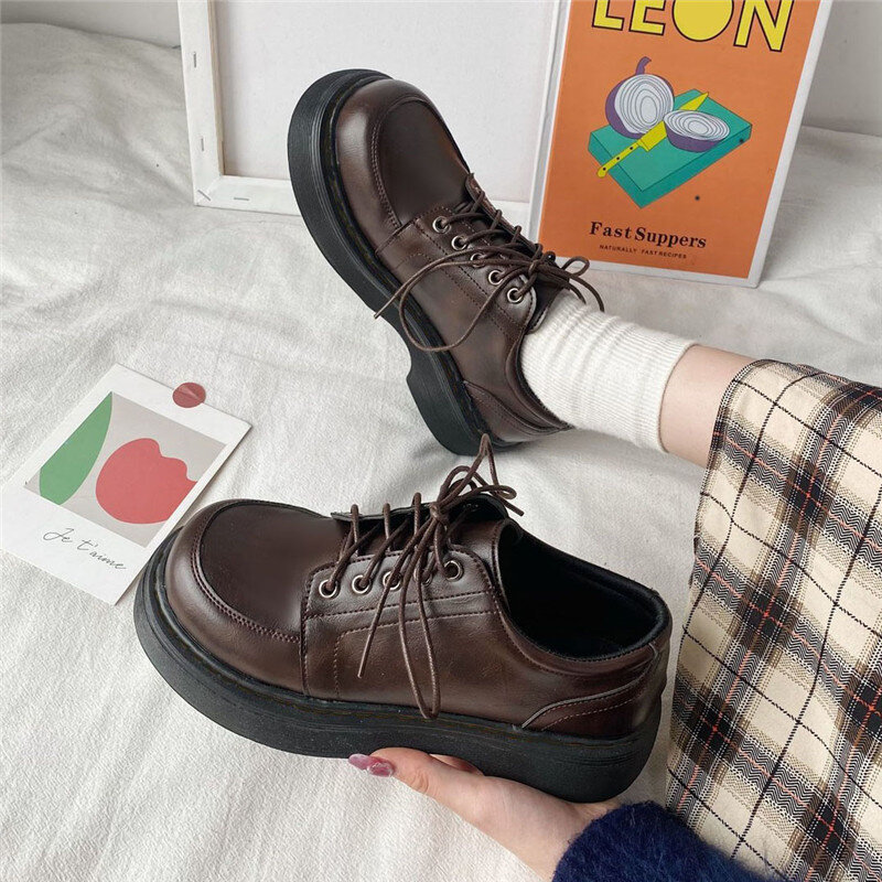 Zapatos informales con cordones para Mujer, Zapatillas bajas cómodas con plataforma Oxford, color marrón y Negro británico