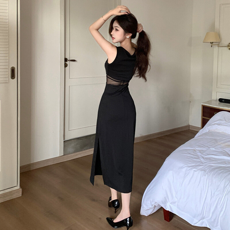 Black Women Prom Dress See Through Tulle Strap Sleeveless Summer Midi Evening Party Gown Sheath Slim Fit Formal Birthday Robe