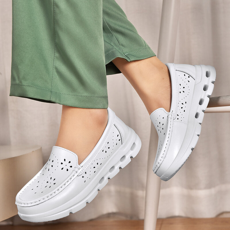 STRONGSHEN sepatu datar suster wanita, sneaker Platform Wedge wanita, sepatu kerja Hollow Out nyaman warna putih modis