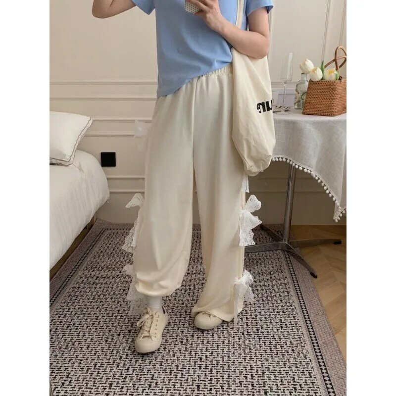 Koreańskie spodnie z szerokimi nogawkami w stylu Sweetheart z wysokim stanem wiosna jesień 2024 nowa koronka kokardka, codzienne spodnie Streetwear damskie