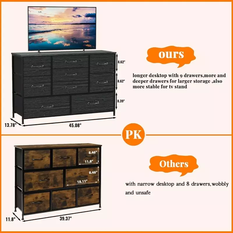 Wide Dresser With 9 Large Drawers for 55'' Long TV Stand Entertainment Center Vanity Desk Closet Wood Shelf Storage for Bedroom