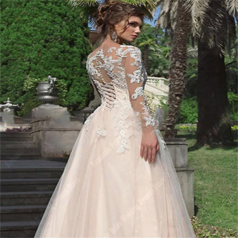 Round Neck Long Sleeves Women Wedding Dresses 2024 Newest Sexy Tulle Prom Gowns Mopping Length Princess Party Vestidos De Novias