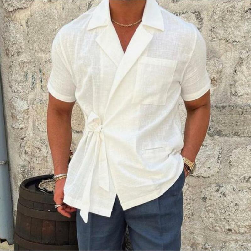 Summer Solid Color Linen Short-sleeved Shirt Suit Lapel Strap French Elegant Gentleman Loose Casual Simple Top Men's Clothing