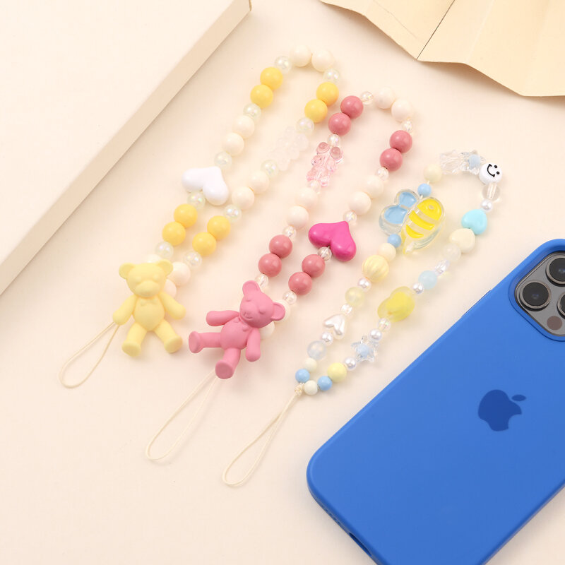 Cadena de teléfono móvil con cuentas acrílicas de colores, cordón antipérdida con forma de corazón y Animal, accesorios para mujer