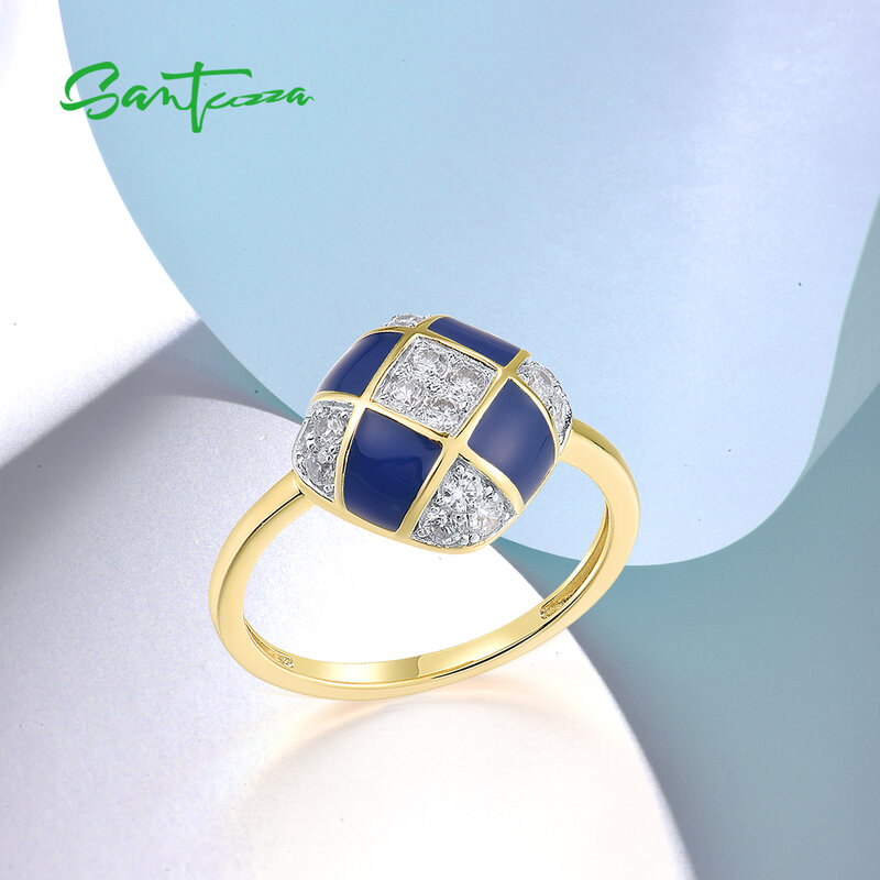 Santuzza 925แท้แหวนเงินสเตอร์ลิงสำหรับผู้หญิงสีขาวประกาย CZ สีฟ้าเคลือบตารางงานแต่งงานเครื่องประดับของขวัญดี
