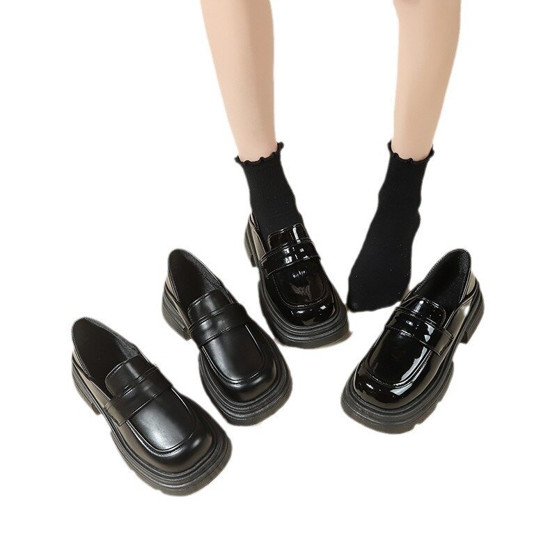 Sapatos plataforma de couro PU estilo britânico para mulheres, mocassins casuais femininos, moda preta, novo estilista, primavera, outono, 2024