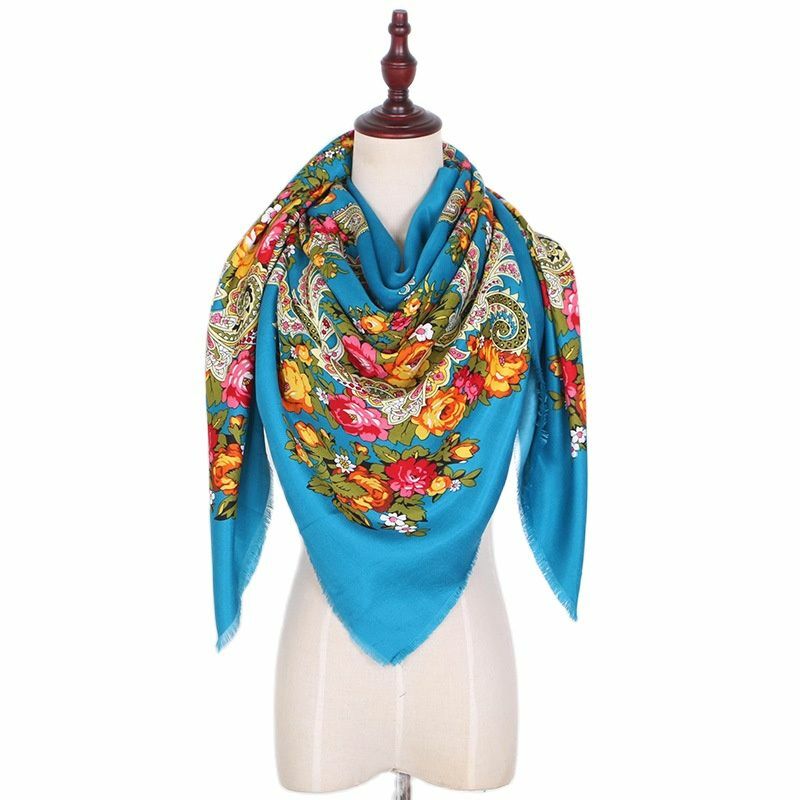 Ретро русский роскошный двойной хлопковый шарф большого размера квадратные шали с цветочным принтом головные повязки в этническом стиле с бахромой Фата