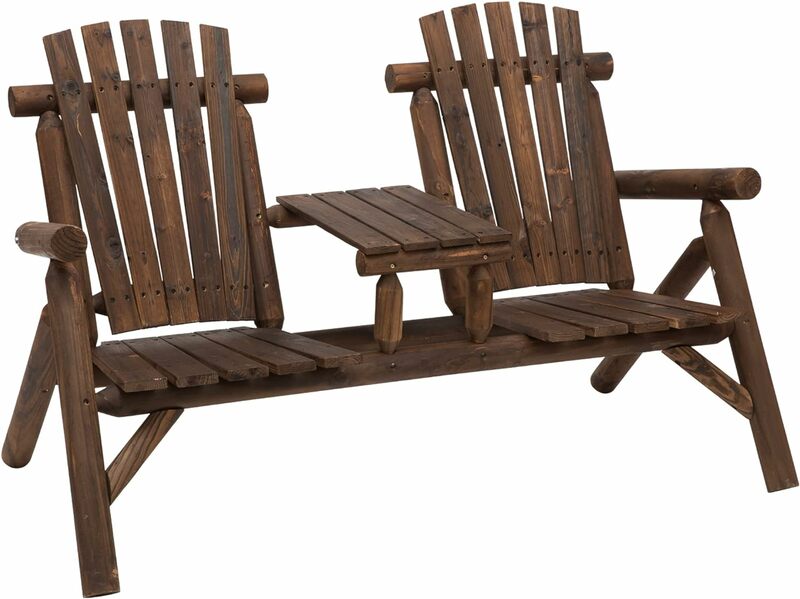 Outsunny 2-Seat Wooden Adirondack Chair, Patio Bench with Table, Outdoor Loveseat Fire Pit Chair for Porch, Backyard, Deck,