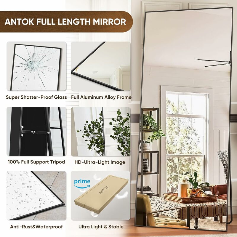 Pełnowymiarowe lustro o wymiarach 71 "x 32" ze stojakiem na podłodze bez szkła ramka ze stopu aluminium umieszczania na ścianie lub podłodze w wysokiej rozdzielczości