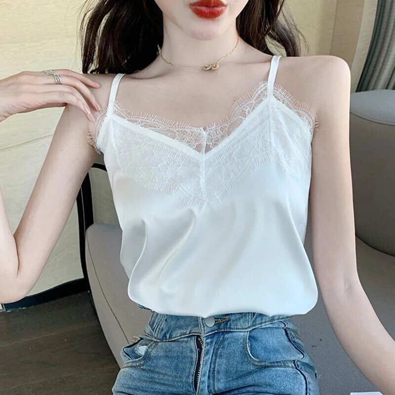 Shintimes-Tops de verano para Mujer, camiseta sin mangas de encaje con cuello en V, camisola blanca, chaleco de seda satinada, 2022
