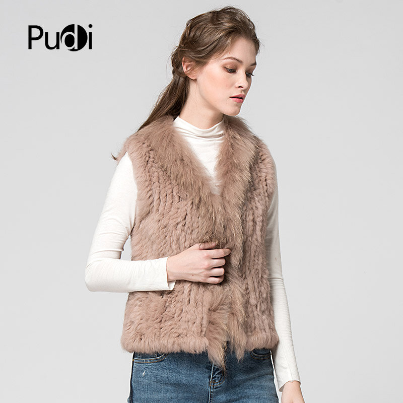 VT7008-Chaleco de piel de conejo Real Natural para mujer, chaqueta con cuello de piel de mapache, de punto para invierno