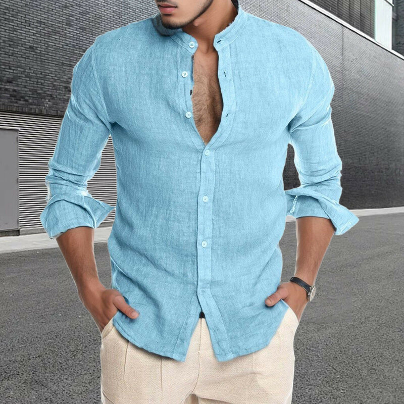Camisa masculina de botão de algodão de linho de manga comprida virada para baixo, blusa masculina retrô, top solto, marca bonita, primavera e outono, sólida