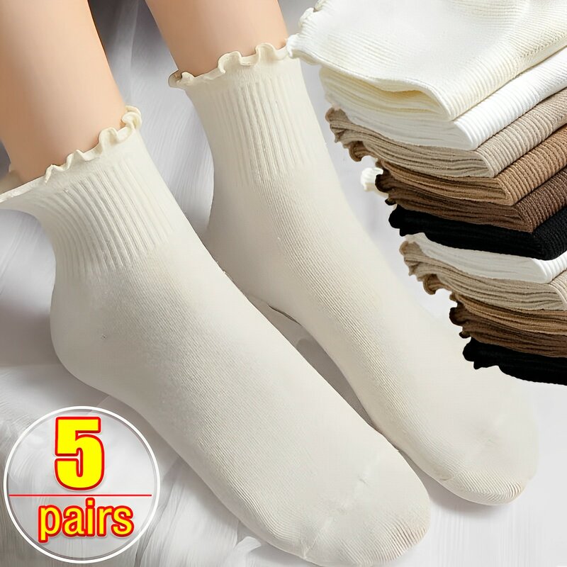 5 Paar Rüschen Socken Frauen weiß schwarz Rüschen Lolita Stil japanische Jungfrau Kawaii Baumwolle Harajuku Prinzessin Crew Socken Calcetines