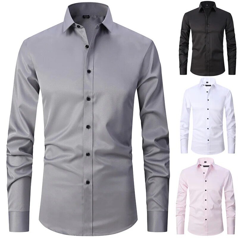 High-end Elastic  Men's Long-sleeved Shirts Seamless Non-ironed Business Casual Cross-border Salescamisas De Vestir Para Hombre