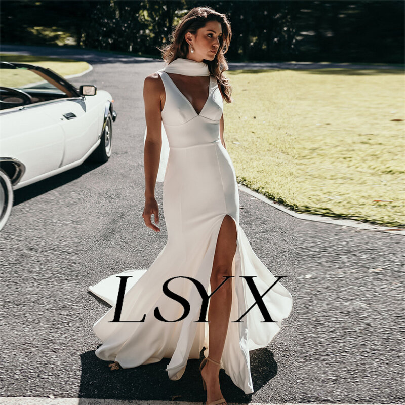 LSYX vestido de novia de sirena, prenda sencilla con escote en V profundo, sin mangas, espalda abierta, abertura lateral alta, longitud hasta el suelo, hecho a medida