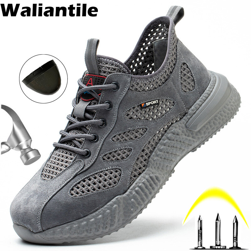 Летние мужские защитные рабочие кроссовки Waliantile 2024, комфортные проколостойкие рабочие ботинки, обувь со стальным носком для мужчин