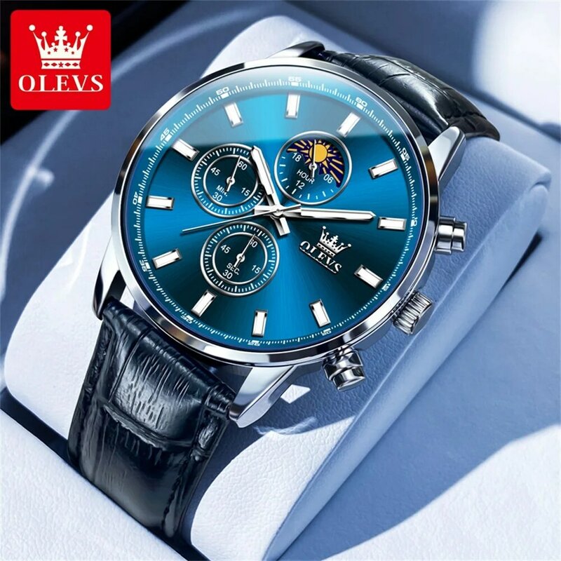 OLEVS Mens Watches Top Brand Luxury Chronograph Quartz Watch for Men Leather Waterproof Calendar Fashion Moon Phases Wristwatch